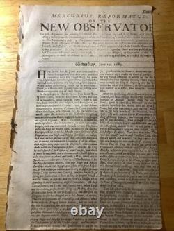 1689 Extremely Rare New Observator Newspaper William & Mary Reign