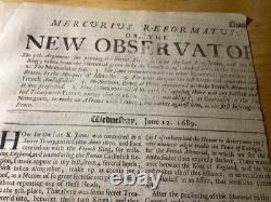 1689 Extremely Rare New Observator Newspaper William & Mary Reign