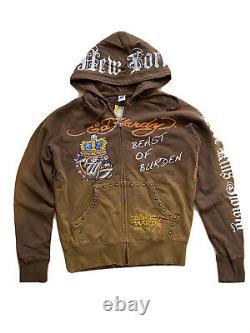 Ed Hardy by Christian Audigier Bulldog Olive Hoodie Size S Extremely Rare NEW