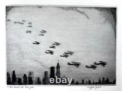 Extremely Rare Curtiss Hawks over New York 1930 Drypoint Etching Wayne L Davis