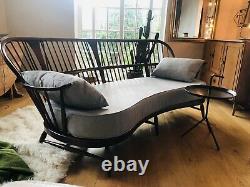 Extremely Rare Ercol Double Bow Sofa In Dark Wood With New Cushion, Mid Century