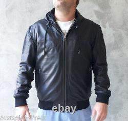 Mens Black Leather Hoodie Jacket A+ Sheep Extremely Soft Supple RARE! Large Only