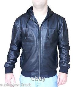 Mens Black Leather Hoodie Jacket A+ Sheep Extremely Soft Supple RARE! Large Only