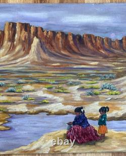 Renee Candelaria Fletcher Extremely Rare New Mexico Oil Painting 1967 15 X 30