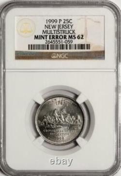 1999 NGC MS62 Multistruck État du New Jersey Quart Mint Erreur Extrêmement Rare