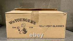 Boîte extrêmement rare de 12 verres à pinte Wm Younger’s Father William, neufs avec étiquette, état mint 2013