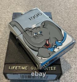 Briquet ZIPPO 1996 tout neuf, design extrêmement rare ÉLÉPHANT DUMBO, boîtier en chrome