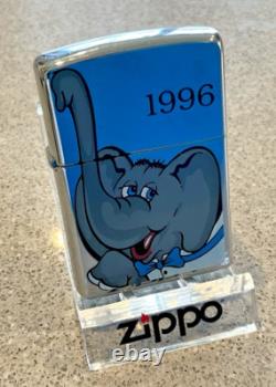 Briquet ZIPPO 1996 tout neuf, design extrêmement rare ÉLÉPHANT DUMBO, boîtier en chrome