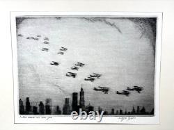 Curtiss Hawks extrêmement rares au-dessus de New York 1930, eau-forte à la pointe sèche, Wayne L. Davis