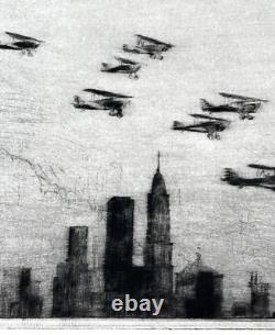 Curtiss Hawks extrêmement rares au-dessus de New York 1930, eau-forte à la pointe sèche, Wayne L. Davis