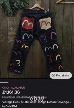 Jeans EVISU originaux vintage des années 90, extrêmement rares, taille 32/34, neufs de stock