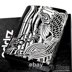 Nouveau Zippo Armor Noboru Carp Gravure 2 Côtés Briquet Noir extrêmement rare Japon
