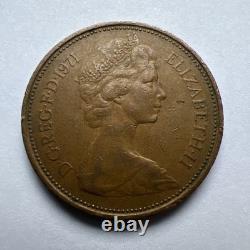 Pièce de 2 pence New Pence de 1971, en circulation, objet de collection en cuivre-bronze extrêmement rare