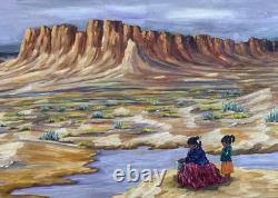 Renee Candelaria Fletcher Peinture à l'huile du Nouveau-Mexique extrêmement rare 1967 15 x 30