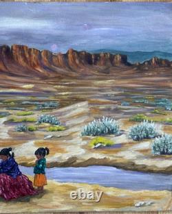 Renee Candelaria Fletcher Peinture à l'huile du Nouveau-Mexique extrêmement rare 1967 15 x 30